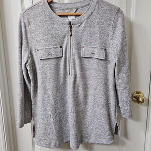 Multiples Women's Gray Marl Quarter Zip Pullover Knit Top with Pockets Size M